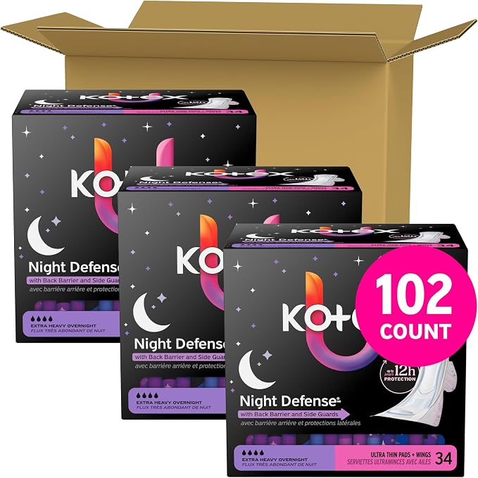 Kotex Ultra Thin Overnight Pads with Wings, Extra Heavy Absorbency, 102 Count (3 Packs of 34) (Packaging May Vary)