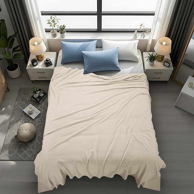 Utopia Bedding Cotton Blend Khaki Waffle Blanket Twin - 90x66 Inches | Lightweight, Skin Friendly, Breathable, All Season, Luxury, Bed, Couch, Sofa