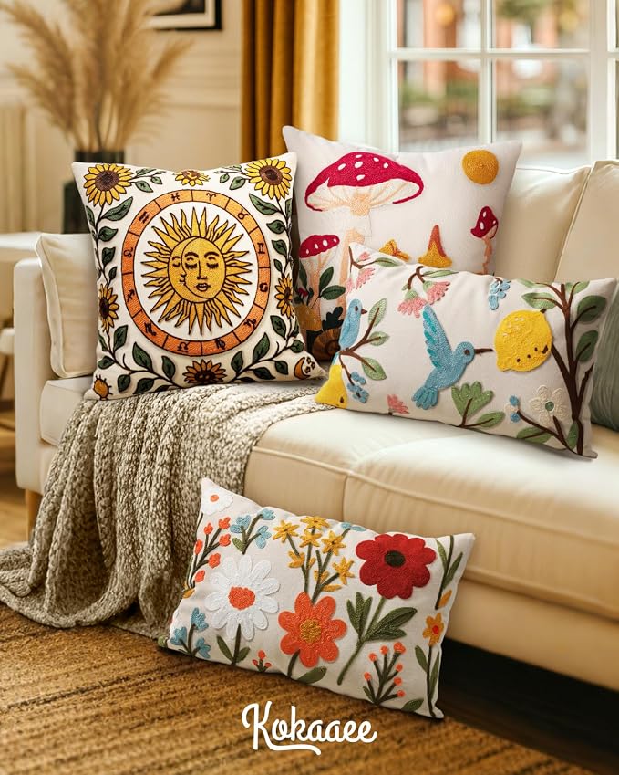 Embroidered Throw Pillow Cover 20x20 Inch, Sunflower Moon | Decorative Pillow Cover, Farmhouse Boho Cushion Case with Hidden Zipper, Autumn Decor for Couch, Sofa, Living Room, Bedroom