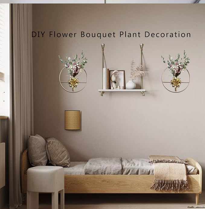 M-dazzling Gold Wall Decor Hanging Planters with Pampas Pretty Wall Decor Boho Plant Wall Decor; Metal Wall Hanging Vase;Living Room, Bedroom, Bathroom, Dining room,Plant Wall-Mounted Decor