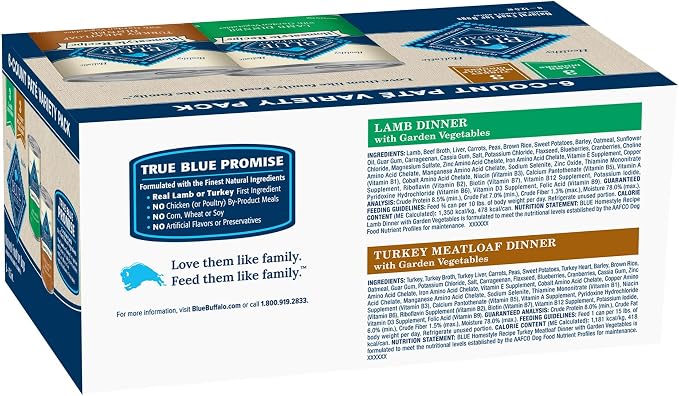 Blue Buffalo Homestyle Recipe Adult Wet Dog Food,Made with Natural Ingredients,Turkey and Lamb Dinner Variety Pack,12.5-oz Cans (,3 of Each),(Pack of 12)