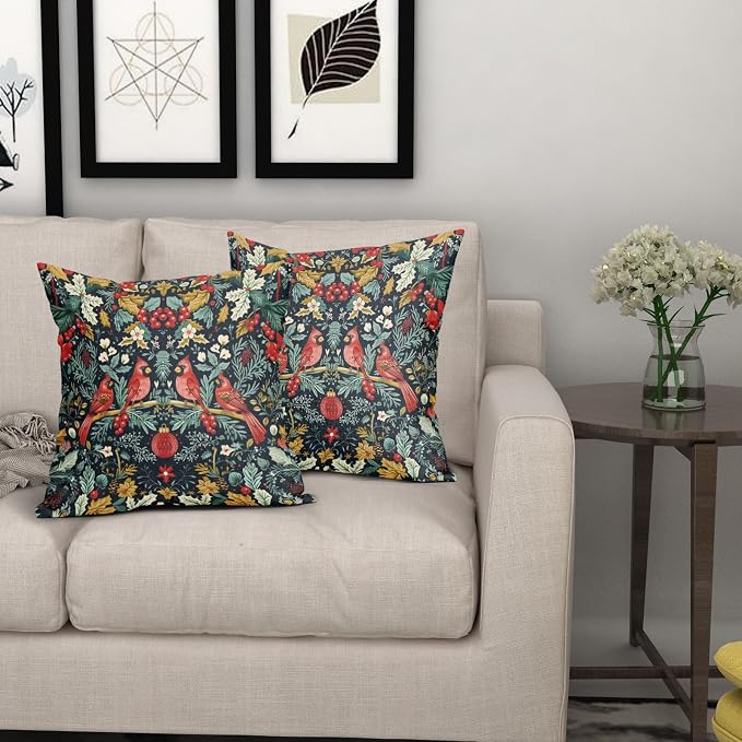 Christmas Pillow Covers 18X18 Inch Cardinal Red Birds Berry Leaves Decorative Pillow Cases Set of 2 Xmas Holiday Throw Pillows Home Decor for Sofa Couch Cushion Outdoor