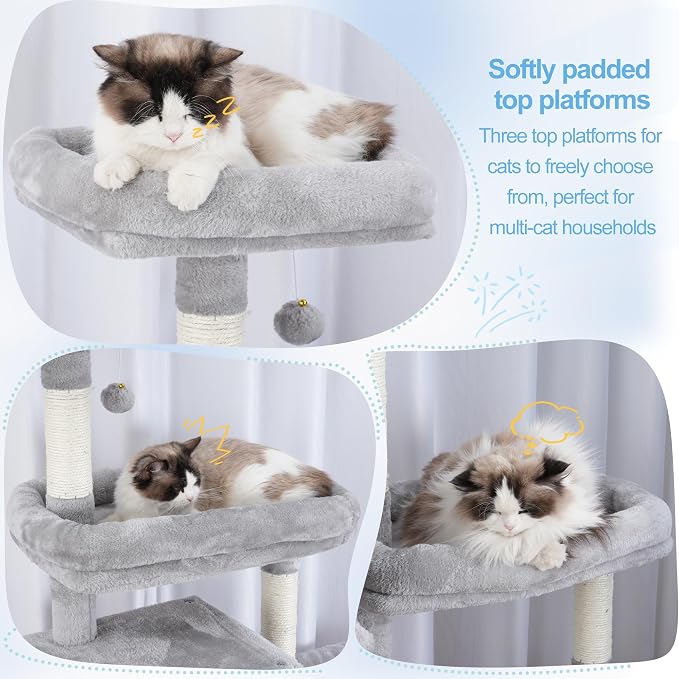 Hey-brother Cat Tree Tower with Stable Extended Base, 3 Platforms, MPJ038W | 70.9 Inches Multi-Level Sisal Scratching Posts, Wide Bed, 2 Cozy Condos, 2 Hammocks, Toy Balls for Indoor Cats, Light Gray