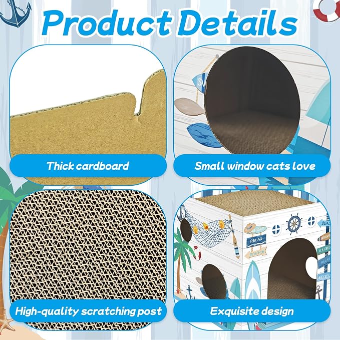 Cinrobiye Cardboard Cat House with 2 Pcs Scratching Pad，Pet Hideaway Cave Board Bed Playhouse Condo Box Decor Small Animals Scratcher Bed for Indoor Cats Kittens Rabbits Bunny