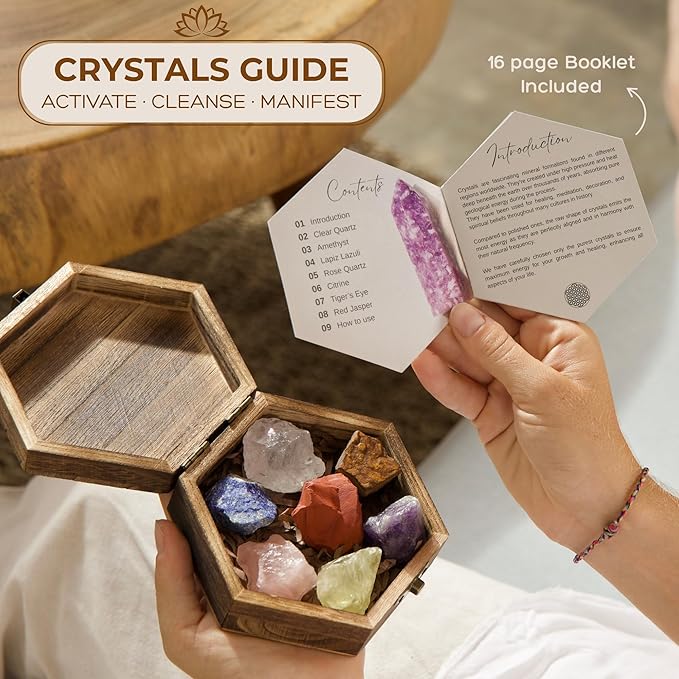 Anima Premium 7 Chakra Healing Crystals Set for Energy Alignment - Large Raw Amethyst, Rose Quartz, Citrine, Lapis Lazuli, Clear Quartz, Tigers Eye & Red Jasper - Wooden Gift Box & Guidebook Included