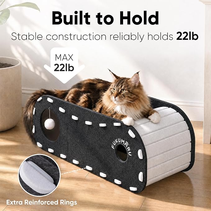 FUKUMARU Cat Bed Cave Tunnel, 31.5 Inch, Cat House Condo Indoor, Black | Extra Long Design, For Multiple & Large Cats, Felt Material, Fluffy Ball Included, Scratch Resistant