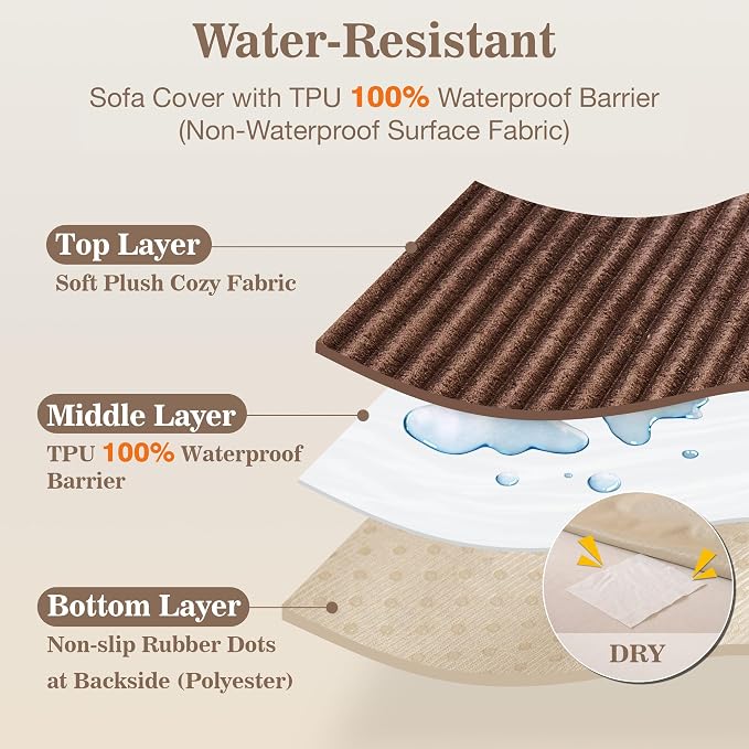 MYSKY HOME 100% Waterproof Couch Cover, Couch Covers for Dogs Washable, Non Slip Couch Covers for 3 Cushion Sofa Pet Friendly, Sofa Covers Slipcovers Furniture Protector Dog Bed Cover, Brown35 x82.7