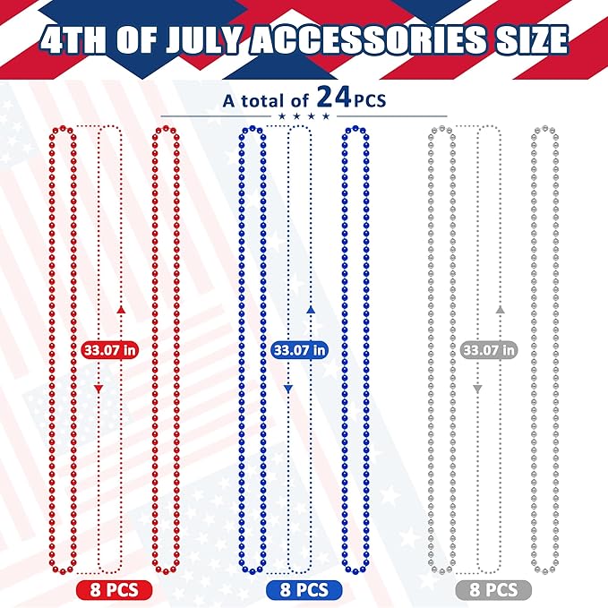 4th of July Necklace Decorations, 24PCS Veterans Day Beads Party Favors Bulk, Veterans Day Red Blue Silver Necklace, Independence Day Bead Bulk for Patriotic Parade Party Celebration Favors Decor