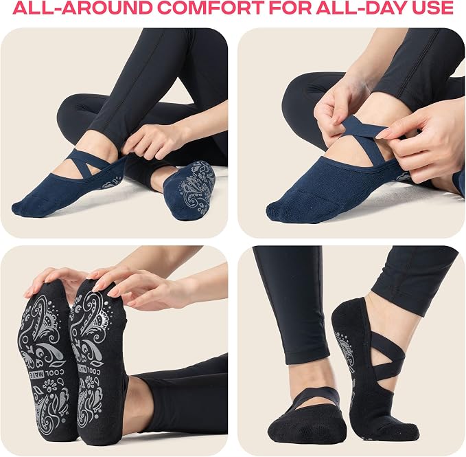 COOLMATE Pilates Socks with Grips for Women, Yoga Socks, Crew Non Slip Women for Barre, Pilates Gifts for Women