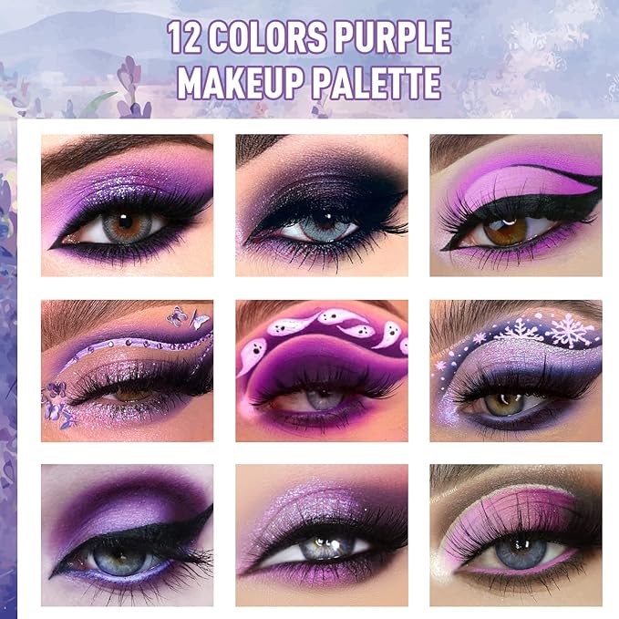 Purple Eyeshadow Palette, 12 Shades Lavender Purple Glitter EyeMakeup Pallet Smokey Neutral Silky Blendable Cream Eye Shadow for Older Women MatteMatellic Pink Compact for Cosplay Halloween Witch Look