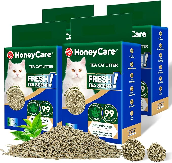 HoneyCare Tea Cat Litter | Natural Plant-Based Formula | Long-Lasting Odor Control | 99% Dust-Free & Low Tracking | Flushable Cat Litter | 24-lbs Value Pack (6 lbs x 4)