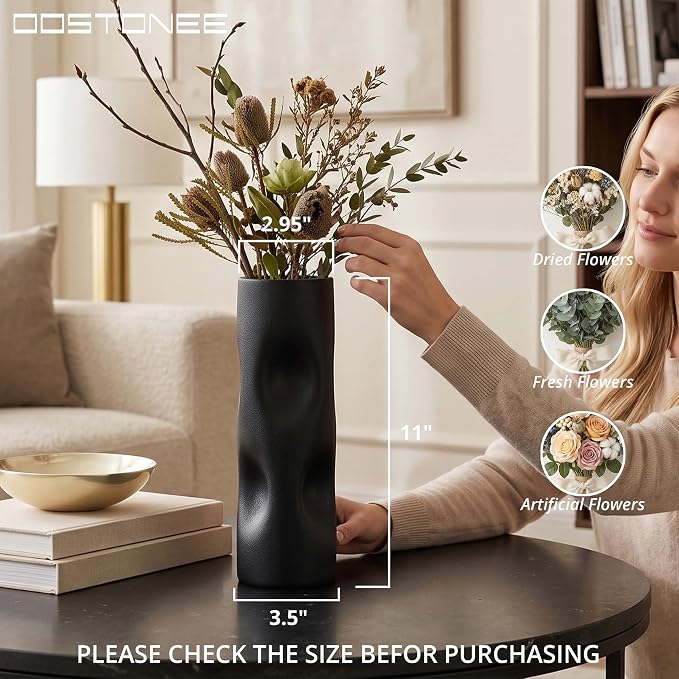 11 Inch Black Matte Ceramic Vase – Tall Flower Vase, Modern Geometric Decorative Accent for Living Room, Shelf, or Coffee Table