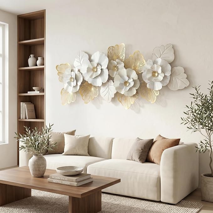 Axioglo 59" Large Wall Decor,3D Floral Metal Wall Art for Living Room | 59" x 27" metal wall decor with layered metal texture, mounting hardware, two-way display