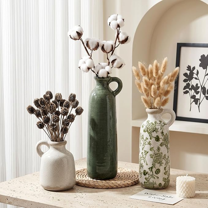 Ceramic Vase Set, 3Pcs Flower Vases for Modern Boho Farmhouse Decor, Decorative Vases for Pampas Grass & Dried Flowers, Distressed Finish