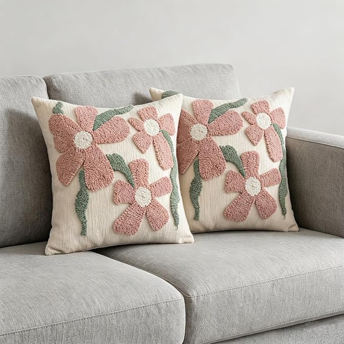 Summer Floral Throw Pillow Covers 18x18 Inch Set of 2, Chenille Embroidered Pillowcase with 3D Tufted Pink Flowers Sage Green Leaves, Boho Decorative Cushion Covers for Couch Sofa Bed