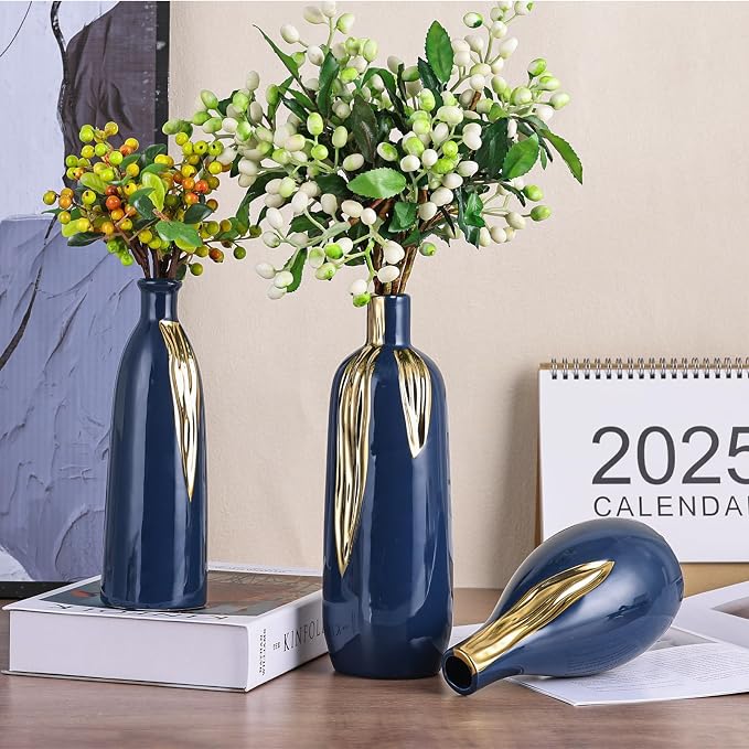 Blue and Gold Vase Set of 3, Modern Ceramic Decorative Vases for Living Room, Bedroom, Art Decor, Mantle, Home Event Decor, Office Decorative, Weddings, Rustic & Farmhouse (Blue Gold)