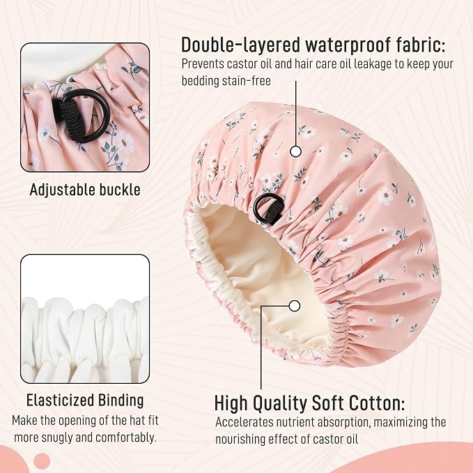 Castor Oil Pack Wrap Organic Cotton for Hair Growth, Overnight Hair Wrap for Sleep, Reusable Hair Mask Cap for Castor Oil Treatment of Balding,Thinning Dry and Damaged Hair(Oil Not Included) Flowers,S