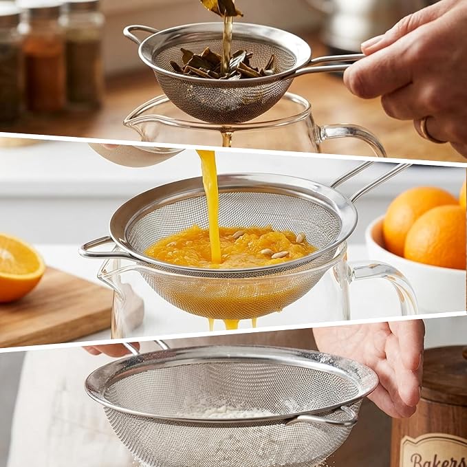 3PCS Fine Mesh Strainers for Kitchen, Stainless Steel Metal Wire Sieve Strainer, Food Strainer with Handlle for Sifting, Straining and Cooking
