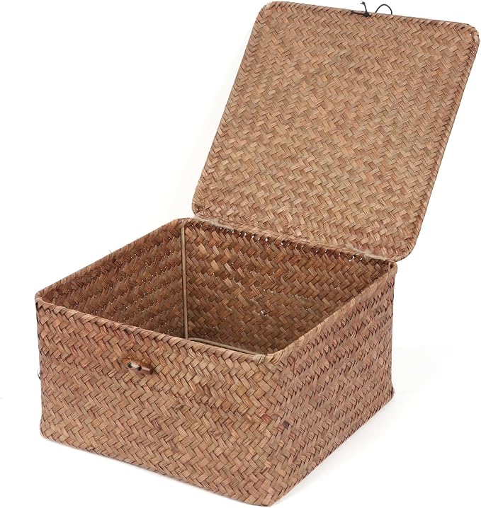 Moosky Wicker Shelf Baskets with Lid, Handwoven Seagrass Storage Basket Bins Square Gift Boxes for Shelves Home Decor Organizer (Coffee, Medium)