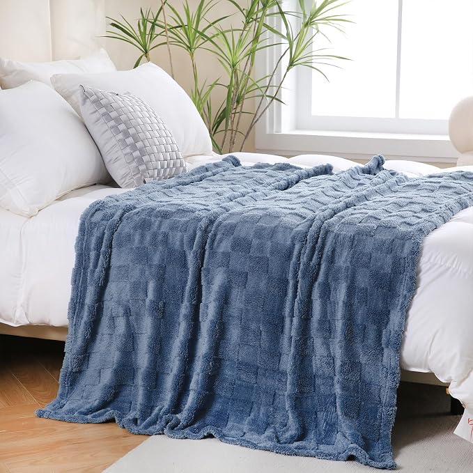 Dusty Blue Fleece Throw Blanket 60”×80”Checkered Design for Couch | Super Soft Cozy Plush Microfiber 3D Square Pattern Flannel Blanket for Sofa Bed Lightweight for Adults,Women