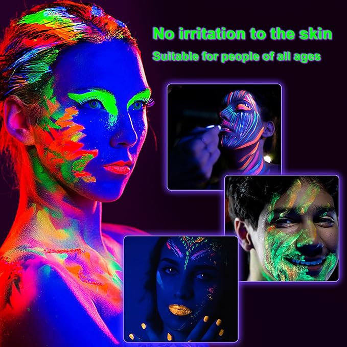 12 Pcs Glow in the Dark Face Body Painting, Glow Blacklight Face & Body Paint Makeup, Mardi Gras Halloween UV Crayon Kit Black Light Birthday Party Camouflage Party Supplies (12 color)