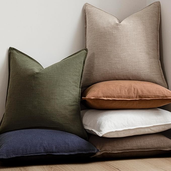 Foindtower Set of 2, Decorative Linen Solid Throw Pillow Covers Soft Accent Cushion Euro Case Boho Farmhouse Pillowcase for Chair Couch Sofa Bedroom Living Room Home Decor 22 x 22 Inch Natural Linen