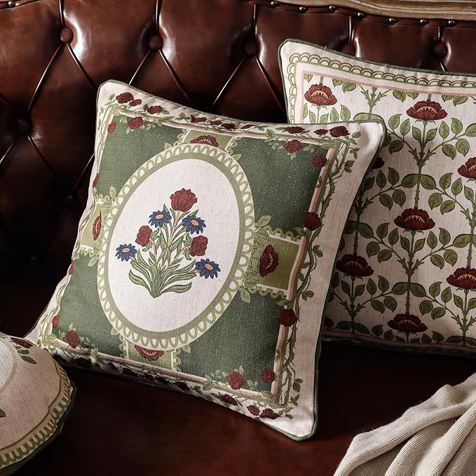 Elegant French Linen Throw Pillow Cover,Set of 2,18"x18"-Estonia B | Designer Vintage Square Pillow Cover,Concealed Zipper Design,Floral Pattern,Sofas,Bedroom,Living Room,Lounge Chairs