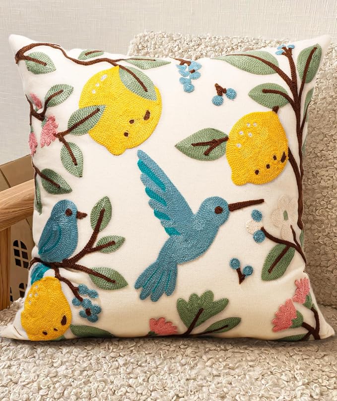 Embroidered Throw Pillow Cover 20x20 Inch, Bird Lemon | Decorative Pillow Cover, Farmhouse Cushion Case with Hidden Zipper, Cottagecore Decor for Couch, Sofa, Living Room, Bedroom