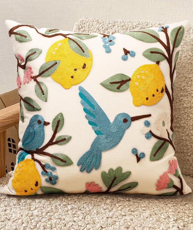 Embroidered Throw Pillow Cover 18x18 Inch, Bird Lemon | Decorative Pillow Cover, Farmhouse Cushion Case with Hidden Zipper, Cottagecore Decor for Couch, Sofa, Living Room, Bedroom