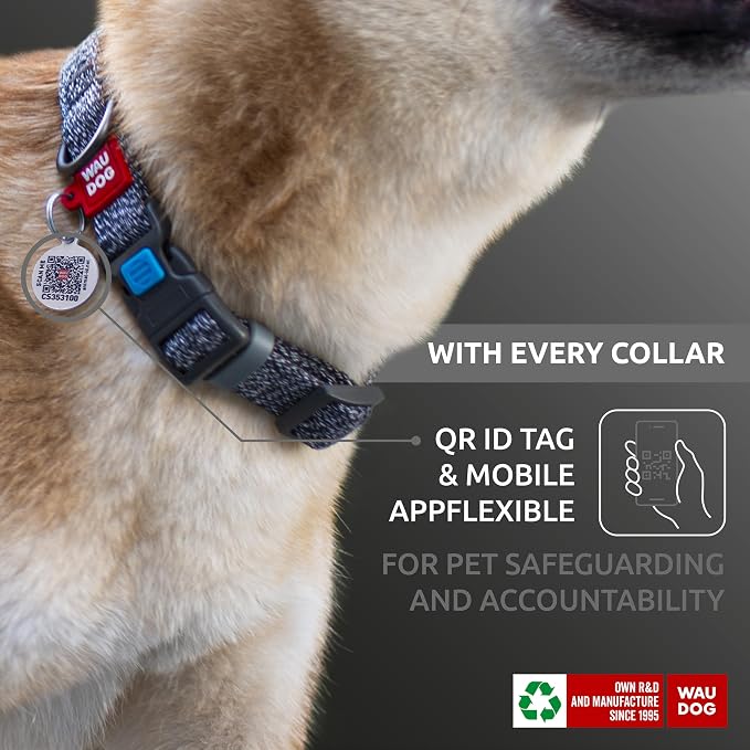 WAUDOG Reflective Cotton Dog Collar Eco-Friendly Alt to Nylon Collar for Small Medium and Large Dogs - Pet Collar with QR ID Tag - Puppy Collar for Large Breed Dogs - Adjustable Male Female Dog Collar
