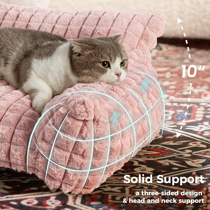 Cat Couch Bed with Fluffy Faux Rabbit Fur for Indoor Cats, 30 Inch | Cute Fuzzy Cat Sofa Recliner With Washable Cover, Suppportive Cozy Pets Couch in 3D Diamond Pattern, Pink