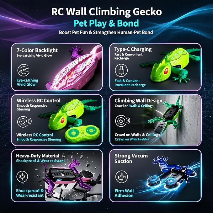 Remote Control Lizard Cat Toy,Remote Control Rechargeable Wall Climbing Gecko Toy, Wall Crawling Lizard Interactive Pet Play Accessory, Fun Prank Entertainment Toy for Cats and Dogs (Blue)