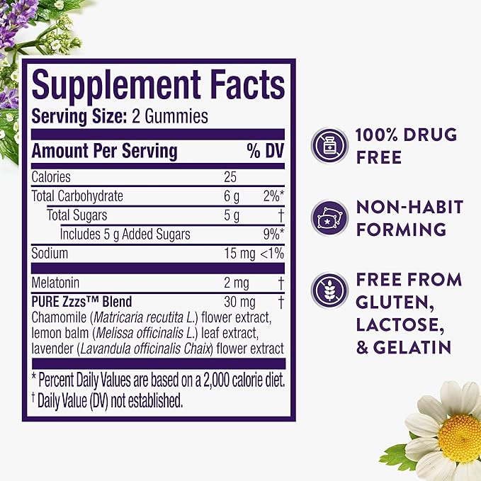 ZzzQuil PURE Zzzs Melatonin Gummies, Sleep Aid, Melatonin 2mg, with Chamomile & Lavender, Melatonin Sleep Gummies, Sleep Aids for Adults, Wildberry Vanilla Flavored, 72 Sleep Gummies