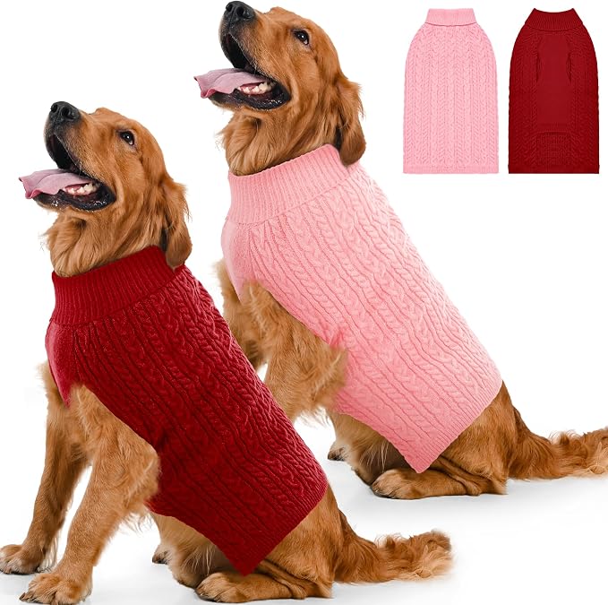 Dog Sweater 2 Pack for Large Dogs, Size XXL, Pink & Red | Stretchy cable knit turtleneck, machine washable, high belly cut, comfy winter fit for Golden Retriever, Labrador