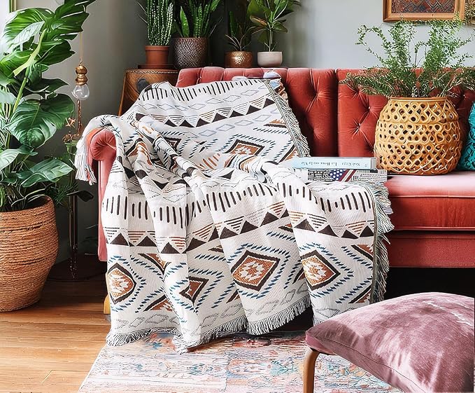 Lqprom Aztec Southwestern Throw Blanket,Native American Cover 63"x87" | Southwest Boho Style,Sofa Chair Cover,Outdoor Beach Car Tent Travel Camping Use,Reversible and lightweight,Tapestry,Tassels