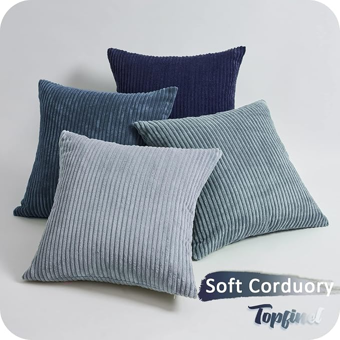 Topfinel Decorative Throw Pillow Covers Dusty Blue Navy Series 16x16 Inch Set of 4,Summer Corduroy Striped Toss Pillows for Couch,Patio,Balcony,Children Bedroom,Modern Fluffy Blue Gradient Shams