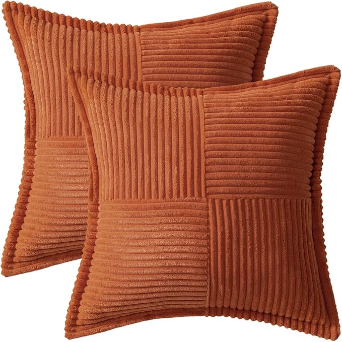 MIULEE Fall Burnt Orange Decorative Throw Pillow Covers for Couch 16x16 in | 2 Pack, Terracotta Boho Broadside Striped Patchwork Pillow Covers, Soft Corduroy Cushion Cases, For Sofa Bed Livingroom