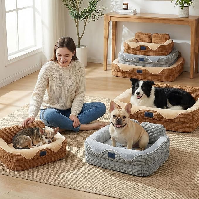 Veehoo Square Dog Bed Medium Size Dog, Orthopedic Dog Bed Couch Sofa, 28" | Washable & Medium Dog Bed for Indoor, Egg-Crate Memory Foam Dog Bed with Sides, Removable Cover, High Back Non-Slip Bottom