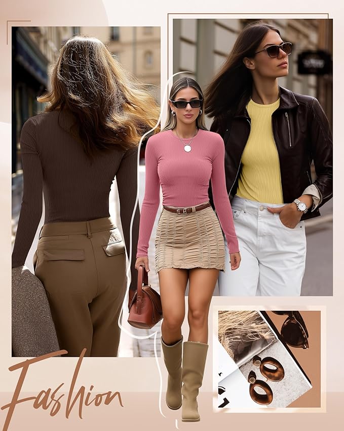 Ficerd 3 Pack Women's Ribbed Long Sleeve Tops, Crew Neck Slim Fit Undershirts Knit Basic Casual Stretch Layering Tee Shirts