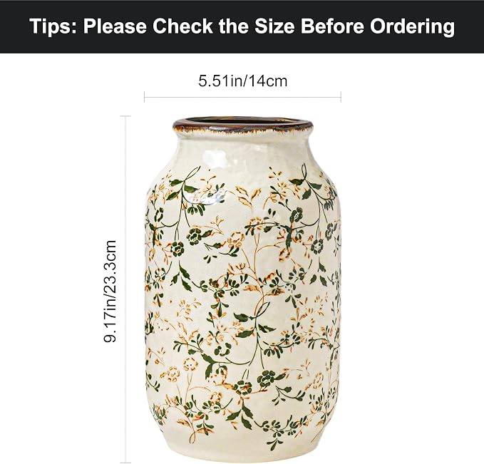 Green Vintage Vase, Chinoiserie Floral Vases for Flowers, Rustic Farmhouse Ceramic Vase for Home Decor, Living Room, Shelf, Office, Vintage Room Decor, 9 inch, White and Green