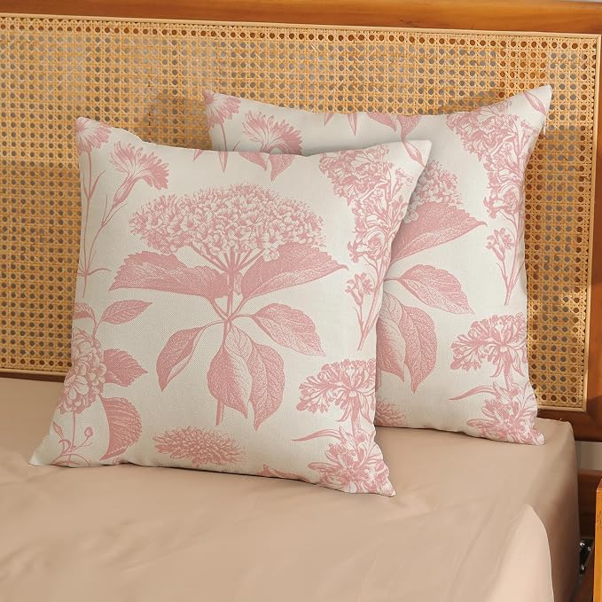 Floral Pillow Covers 18x18 Set of 2 Vintage Pink Hydrangea Herb Botanical Throw Pillow Cover Outdoor Decoration Boho Flower Pillowcase Farmhouse Decorative Cushion Case for Home Sofa Couch