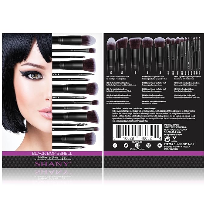 SHANY Makeup Brushes - Black Bombshell - 14-Piece Brush Set – Foundation Powder Concealers Eye Shadows Makeup brushes - Complete Kabuki Makeup Brush Set in Black - 14 PCS