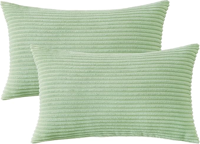 Mecatny Corduroy Decorative Throw Pillow Covers 12x20 Set of 2 Sage Green | Soft Striped Texture, Hidden Zipper Design, Neutral Boho Lumbar Pillow Cases for Sofa Couch Living Room Bedroom, Home Décor