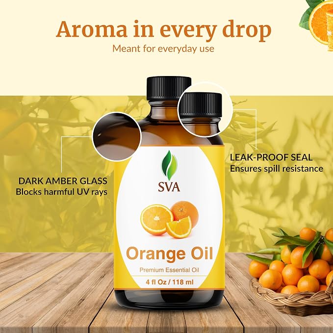 SVA Orange Essential Oil 4 Fl Oz – for Diffuser, Skin & Hair Care – Ideal for Massage & DIY Blends - with Dropper