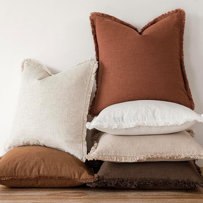 Foindtower Set of 2 Decorative Linen Fringe Throw Pillow Covers Boho Farmhouse Cushion Cover with Tassels Soft Accent Pillowcase for Couch Sofa Bed Living Room Home Decor,20×20 Inch,Orange Brown