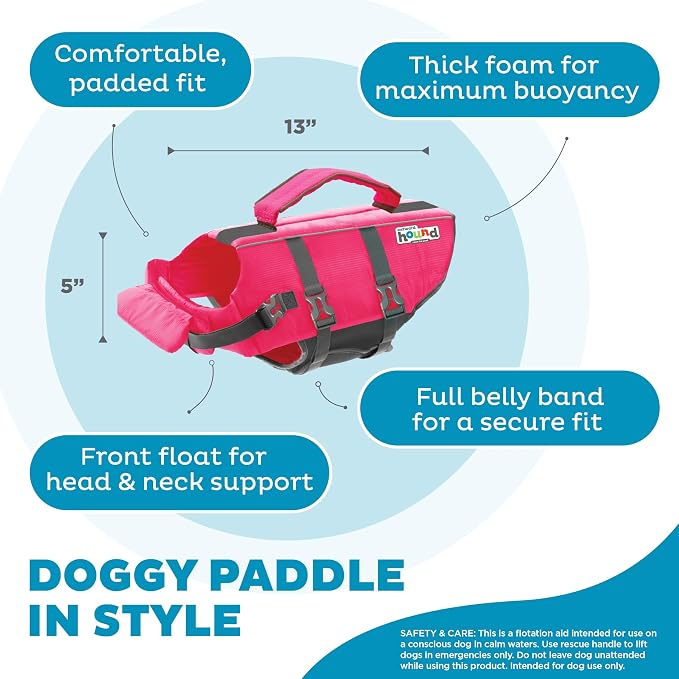 Outward Hound Granby Splash Dog Life Jacket, Life Vest, Pink, Small | Max Buoyancy, Adjustable Fit, Head/Neck Support, Rescue Handle, Reflective, Swimming & Boating, Small Dogs (16–20" Girth)