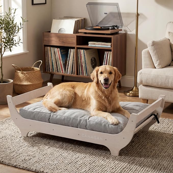 CANAGAN Elevated Wood Dog Bed Frame with Cushion, MaplePattern, Large | Raised Dog Couch Bed with Washable Cover and Plush PP-Filled Cushion, Furniture-Style for Indoor Living