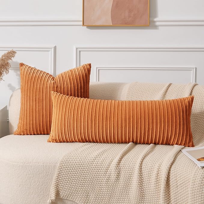 UGASA 14x36 Inch Pillow Cover Pack of 1 Soft Boho Stripe Corduroy Large Long Rectangle Lumbar Cushion Case Farmhouse Decorative Throw Pilowcase for Bed, Couch, Sofa, Bedroom, Living Room, Orange