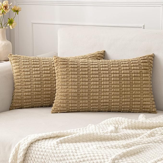 MIULEE Lumbar Corduroy Decorative Throw Pillow Covers 12x20 Khaki Pack of 2 | Soft Boho Striped Pillow Covers Modern Farmhouse Fall Home Decor For Sofa Living Room Couch Bed