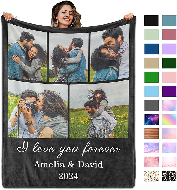 Custom Blanket with Picture Text, Personalized 5 Photo Blanket, HD Printing Customized Flannel Throw Blanket Gifts for Mom Dad Couple Girlfriend Boyfriend Wife Husband Christmas